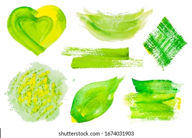 Set of fresh green hand drawn watercolor vector design banners,heart,stains,dabs,leaf,circle,rhomb on the white background for your gesign