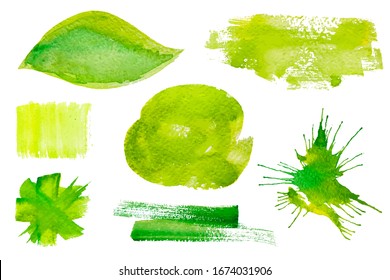 Set of fresh green hand drawn watercolor vector design elements,splashes,stains,dabs,strips, isolated on the white background for your gesign