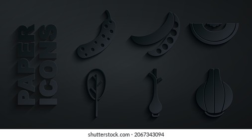 Set Fresh green onions, Melon fruit, Spinach, Onion, Green peas and cucumber icon. Vector
