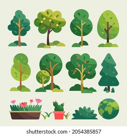 Set of fresh green trees woods nature outdoor park healthy living Earth Day illustration  