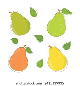 Set of fresh green and yellow pears. Vector illustration of tasty fruits with green leaves isolated on white background. Line art, cartoon, flat style. 