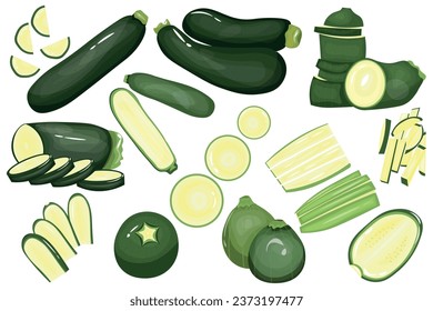 Set of fresh green zucchinis on white background