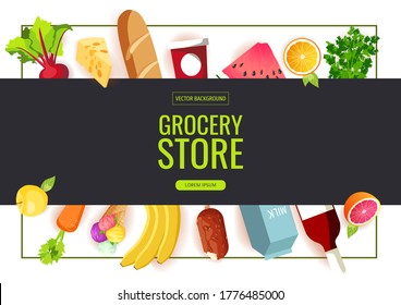 Set of fresh groceries. Grocery store, Shopping, Supermarket, Fresh food, Home delivery, Ordering, Sale concept. A4 vector illustration for poster, banner, flyer, advertising, promo, commercial.