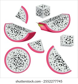 Set of fresh half, cut slice red pitaya fruits isolated on white background. Summer fruits for healthy lifestyle. Organic fruit. Cartoon style. Vector illustration for any design.