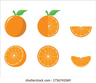 Frisches Set, halb geschnitten, Blätter, Körner, isoliert auf weißem Hintergrund. Orangefarbenes Paket.  Vector Design Illustration