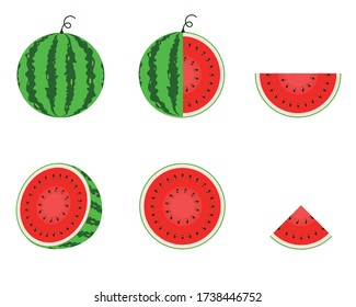 Set of Fresh, Half, Sliced, Leaves, grains Watermelon Isolated on White Background. Watermelon Package.  Vector Design Illustration