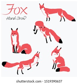 Set of  fresh hand drawn foxes in simple flat style. Isolated vector illustration