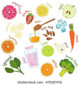 Set of fresh hand drawn fruits and vegetables and products. Eco healthy food.
