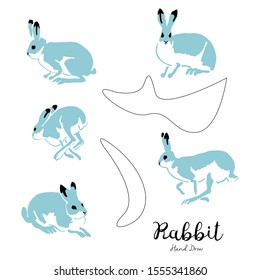Set of  fresh hand drawn rabbits in simple flat style. Isolated vector illustration