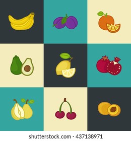Set of fresh healthy fruits made in flat style - - each one is isolated for easy use. Healthy lifestyle or diet vector design element. Organic farm illustration.