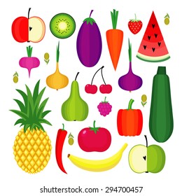 Set of fresh healthy fruits and vegetables made in flat style. Healthy lifestyle or diet vector design element. Organic farm illustration.