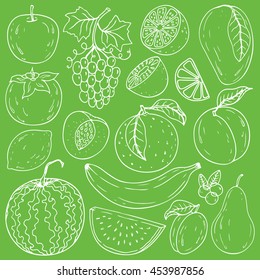 Set of fresh healthy hand-drawing fruits isolated.  Organic farm illustration. Healthy lifestyle vector design elements. 