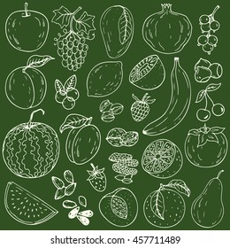 Set of fresh healthy hand-drawing fruits, nuts and berries isolated.  Organic farm illustration. Healthy lifestyle vector design elements. 