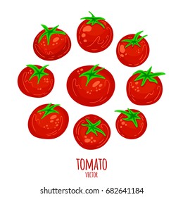 Set of fresh healthy red tomatoes isolated on white. Vegetable from the farm. Organic food. Simple cartoon flat style, vector illustration.