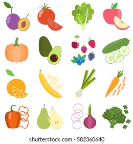 Set of fresh healthy vegetables, berries and fruits. Slices of fruits and vegetables. Flat design. Organic farm illustration. Healthy lifestyle vector design elements. 