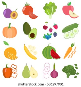 Set of fresh healthy vegetables, berries and fruits. Slices of fruits and vegetables. Flat design. Organic farm illustration. Healthy lifestyle vector design elements. 