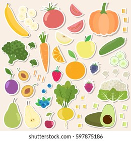 Set of fresh healthy vegetables, berries and fruits stickers. Slices of fruits and vegetables. Flat design. Organic farm illustration. Healthy lifestyle vector design elements. 