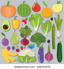 Set of fresh healthy vegetables, berries and fruits isolated. Flat design. Organic farm illustration. Healthy lifestyle vector design elements. 