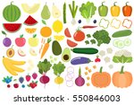 Set of fresh healthy vegetables, fruits and berries isolated. Slices of fruits and vegetables. Flat design. Organic farm illustration. Healthy lifestyle vector design elements. 