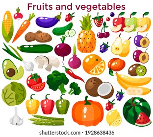 Set of fresh healthy vegetables, fruits and berries isolated. Slices of fruits and vegetables. Flat design. Organic farm illustration. Healthy lifestyle vector design elements. 