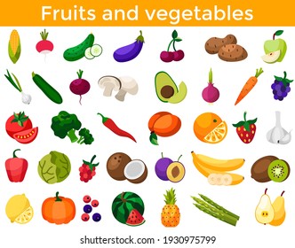 Set of fresh healthy vegetables, fruits and berries isolated. Slices of fruits and vegetables. Flat design. Organic farm illustration. Healthy lifestyle vector design elements. 