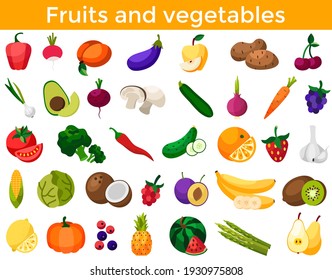 Set of fresh healthy vegetables, fruits and berries isolated. Slices of fruits and vegetables. Flat design. Organic farm illustration. Healthy lifestyle vector design elements. 