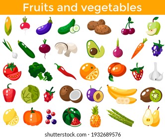 Set of fresh healthy vegetables, fruits and berries isolated. Slices of fruits and vegetables. Flat design. Organic farm illustration. Healthy lifestyle vector design elements. 