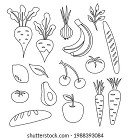 Set of fresh healthy vegetables, fruits and grocery black outline. Organic farm illustration. Colouring page.