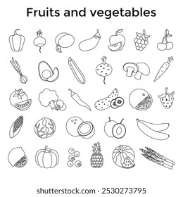 Conjunto de verduras frescas saludables, frutas y bayas aisladas. Rebanadas de frutas y verduras. Iconos de línea. Ilustración de granja orgánica. Elementos de diseño de Vector de estilo de vida saludable. 