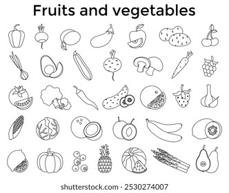 Conjunto de verduras frescas saludables, frutas y bayas aisladas. Rebanadas de frutas y verduras. Iconos de línea. Ilustración de granja orgánica. Elementos de diseño de Vector de estilo de vida saludable. 