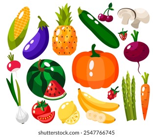 Conjunto de verduras frescas saludables, frutas y bayas aisladas. Rebanadas de frutas y verduras. Diseño plano. Ilustración de granja orgánica. Elementos de diseño de Vector de estilo de vida saludable. 