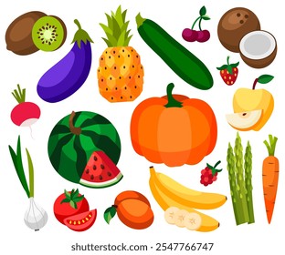 Conjunto de verduras frescas saludables, frutas y bayas aisladas. Rebanadas de frutas y verduras. Diseño plano. Ilustración de granja orgánica. Elementos de diseño de Vector de estilo de vida saludable. 