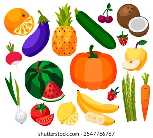 Conjunto de verduras frescas saludables, frutas y bayas aisladas. Rebanadas de frutas y verduras. Diseño plano. Ilustración de granja orgánica. Elementos de diseño de Vector de estilo de vida saludable. 