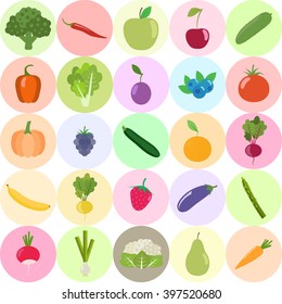 Set of fresh healthy vegetables, fruits and berries isolated. Flat design. Organic farm illustration. Healthy lifestyle vector design elements. 