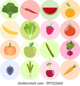 Set of fresh healthy vegetables, fruits and berries isolated. Flat design. Organic farm illustration. Healthy lifestyle vector design elements. 