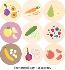 Set of fresh healthy vegetables and fruits. Slices of fruits and vegetables. Flat design. Organic farm illustration. Healthy lifestyle vector design elements. 
