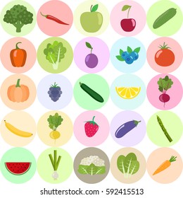 Set of fresh healthy vegetables, fruits and berries isolated. Flat design. Organic farm illustration. Healthy lifestyle vector design elements. 