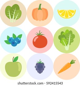Set of fresh healthy vegetables, fruits and berries isolated. Flat design. Organic farm illustration. Healthy lifestyle vector design elements. 