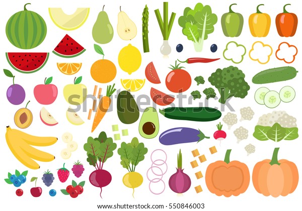 新鮮な健康野菜 果物 ベリーのセット 果物と野菜の切り身 フラットデザイン 有機栽培のイラスト 健康的なライフスタイルベクター画像デザインエレメント のベクター画像素材 ロイヤリティフリー