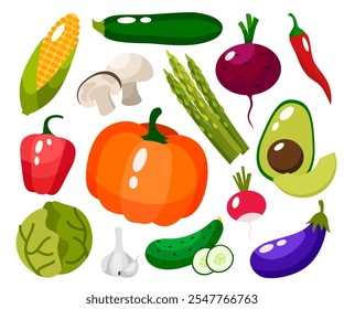 Conjunto de verduras frescas y saludables aisladas. Rodajas de verduras. Diseño plano. Ilustración de granja orgánica. Elementos de diseño de Vector de estilo de vida saludable.