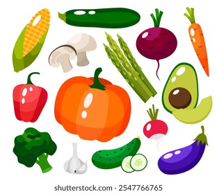 Conjunto de verduras frescas y saludables aisladas. Rodajas de verduras. Diseño plano. Ilustración de granja orgánica. Elementos de diseño de Vector de estilo de vida saludable.