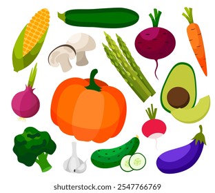 Conjunto de verduras frescas y saludables aisladas. Rodajas de verduras. Diseño plano. Ilustración de granja orgánica. Elementos de diseño de Vector de estilo de vida saludable.