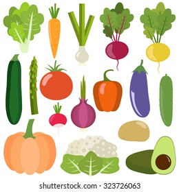 Set of fresh healthy vegetables isolated on white background. Flat design. Organic farm illustration. Healthy lifestyle vector design elements. 
