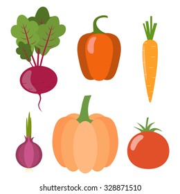 Set of fresh healthy vegetables isolated on white background. Flat design. Organic farm illustration. Healthy lifestyle vector design elements. 