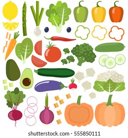 Set of fresh healthy vegetables isolated on white background. Slices of vegetables. Flat design. Organic farm illustration. Healthy lifestyle vector design elements. 