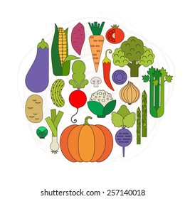 Set of fresh healthy vegetables made in flat style - each one is isolated for easy use. Healthy lifestyle or diet vector design element. Organic farm illustration.  