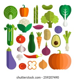 Set of fresh healthy vegetables made in flat style - each one is isolated for easy use. Healthy lifestyle or diet vector design element. Organic farm illustration.  