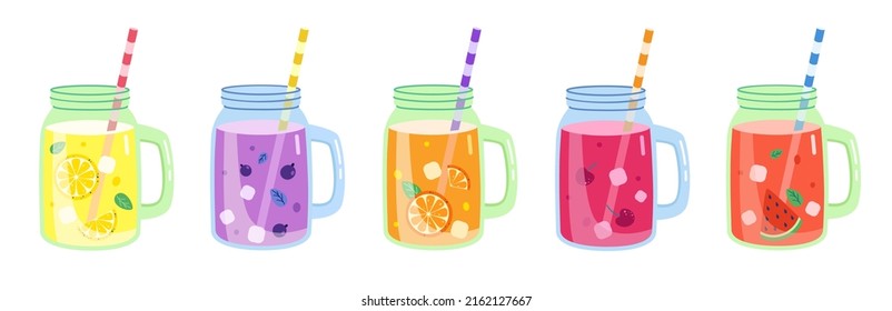 Set of fresh homemade fruit smoothies in glass jars with a striped straw. Glass goblet for cocktail and juice with handle.