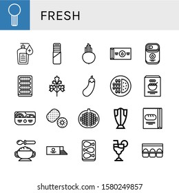 Set of fresh icons. Such as Celery, Hand sanitizer, Pie, Beet, Butter, Condensed milk, Cucumber, Parsley, Eggplant, Meat, Corn, Salad, Kiwi, Pomegranate, Cod, Bread , fresh icons