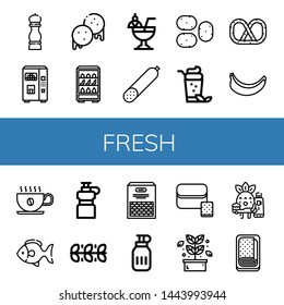 Set of fresh icons such as Pepper, Juice, Arepas, Fruits, Cocktail, Smoked sausage, Potato, Pretzel, Banana, Coffee cup, Fish, Water bottle, Leaves, Beans, Bread, Herb , fresh